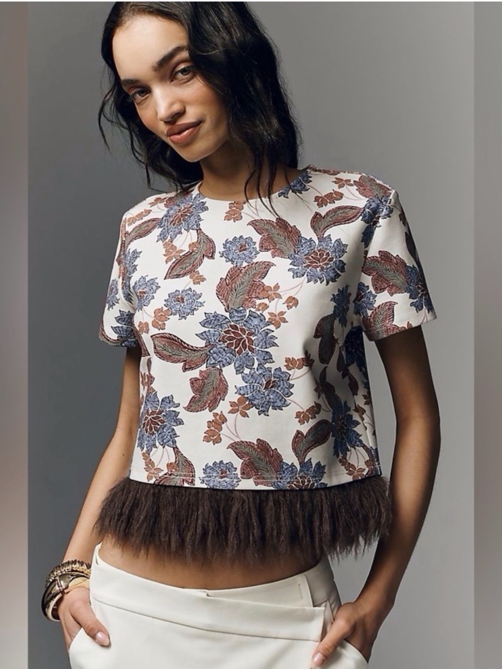 Dolin xs Floral Print Crop Top with Feather Trim - White/Blue/Brown
